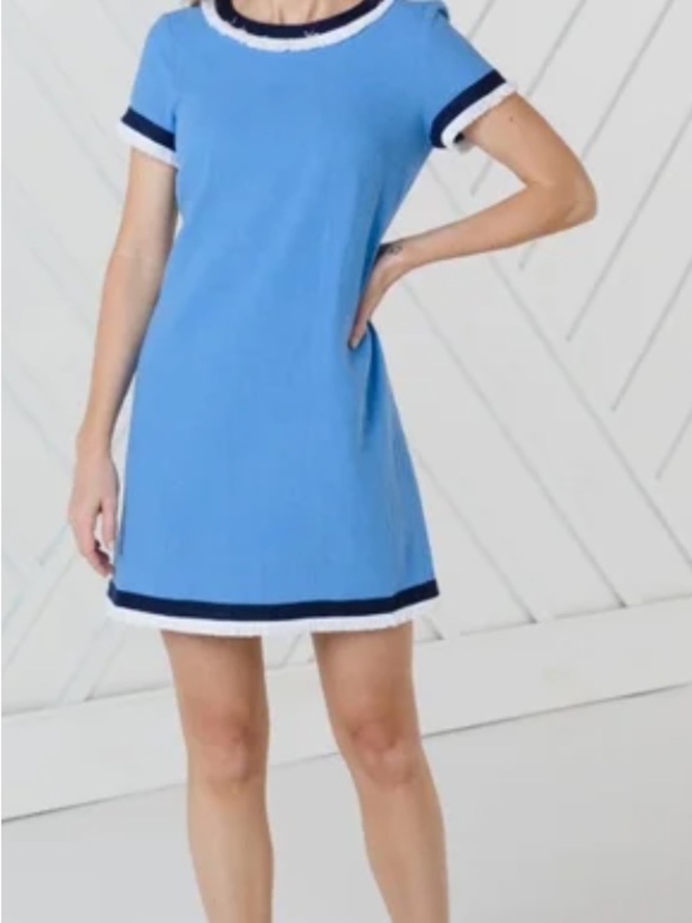 Sail to Sable Light Blue Short-Sleeve Shift Dress with Navy & White Trim